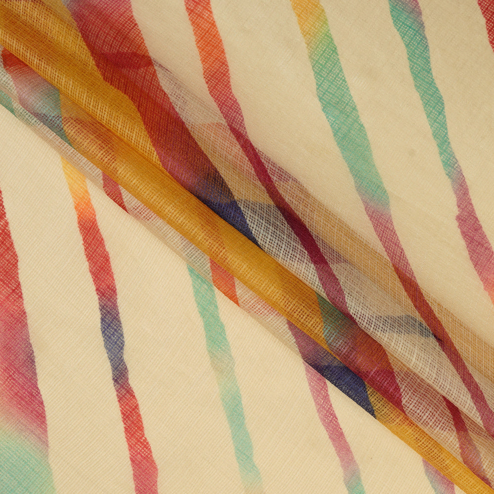 Cream Color Digital Printed Lehariya Pattern Pure Kota Silk Fabric