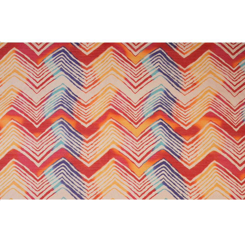 Cream-Red Color Digital Printed Lehariya Pattern Natural Silk Fabric
