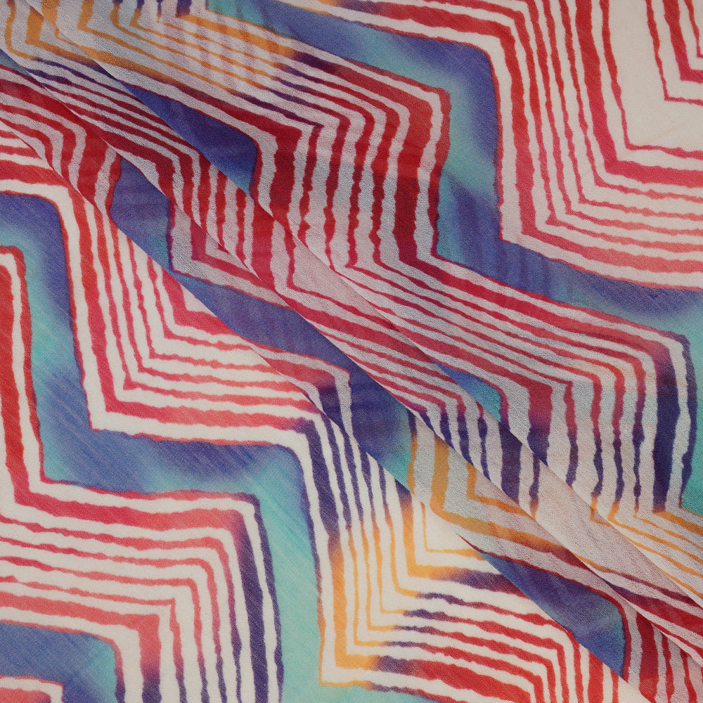 Off White-Red Color Digital Printed Lehariya Pattern Natural Silk Fabric