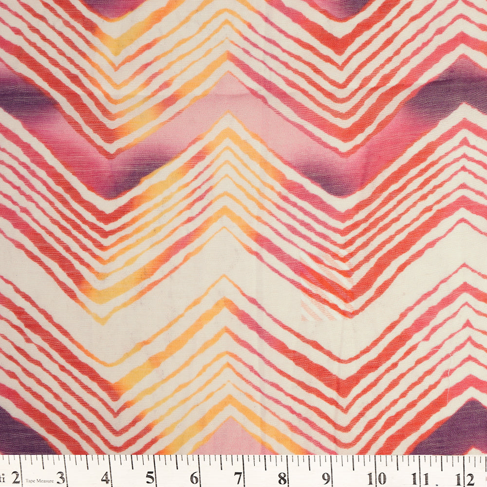 Off White-Purple Color Digital Printed Lehariya Pattern Natural Silk Fabric