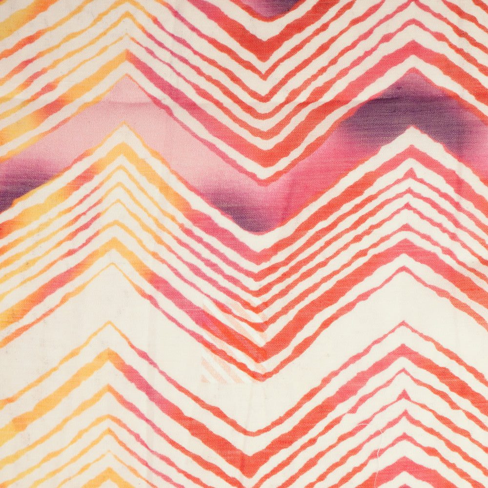 Off White-Purple Color Digital Printed Lehariya Pattern Natural Silk Fabric