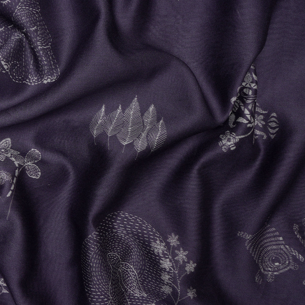 Dark Purple Color Digital Printed Kantha Pattern Pure Chanderi Fabric