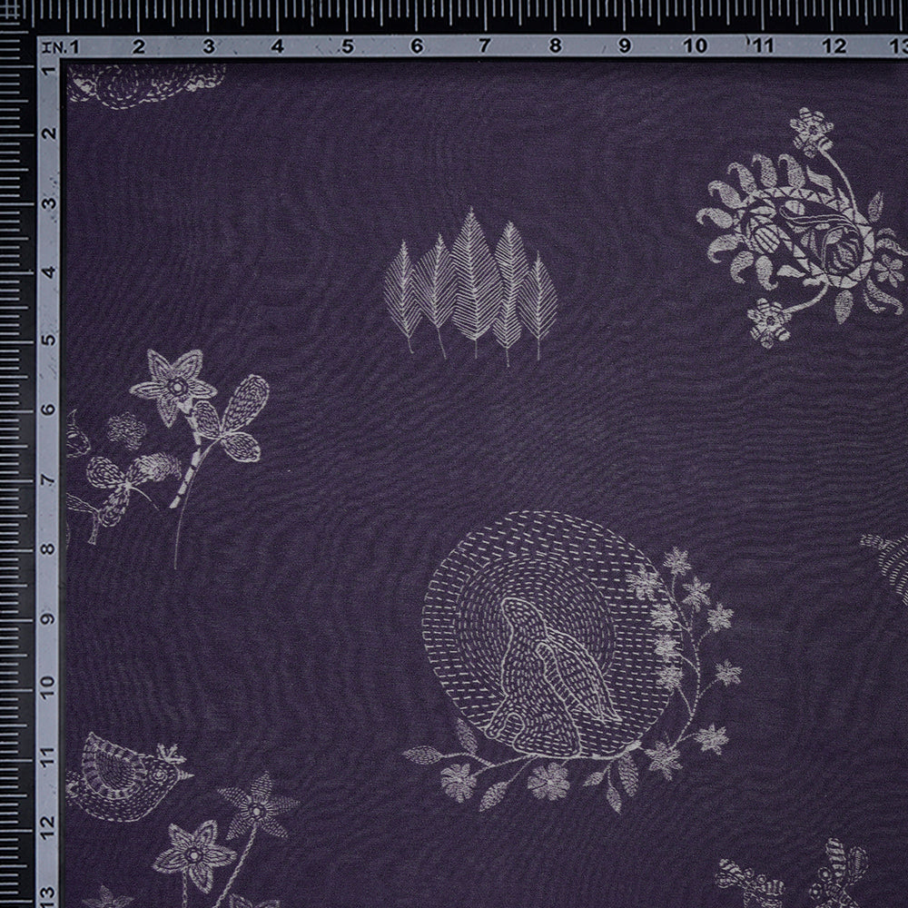 Dark Purple Color Digital Printed Kantha Pattern Pure Chanderi Fabric