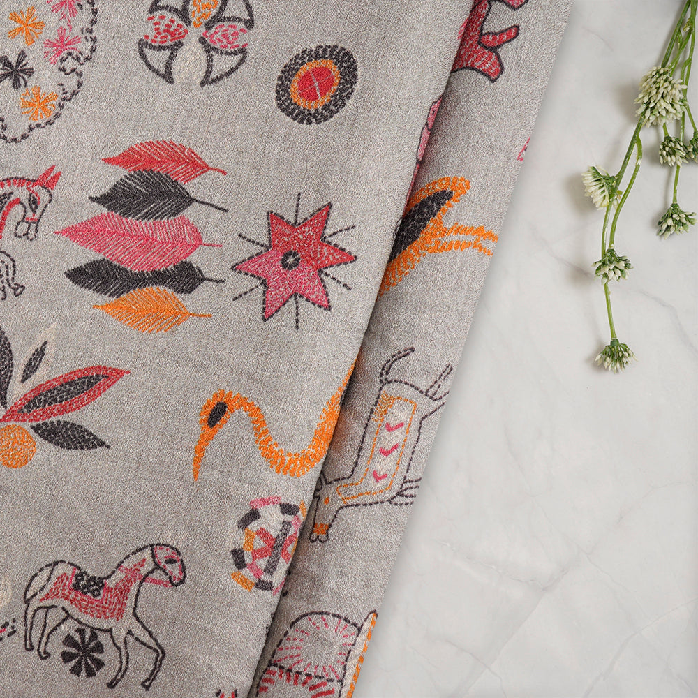 Grey Kantha Pattern Digital Printed Linen Silk Jacquard Fabric