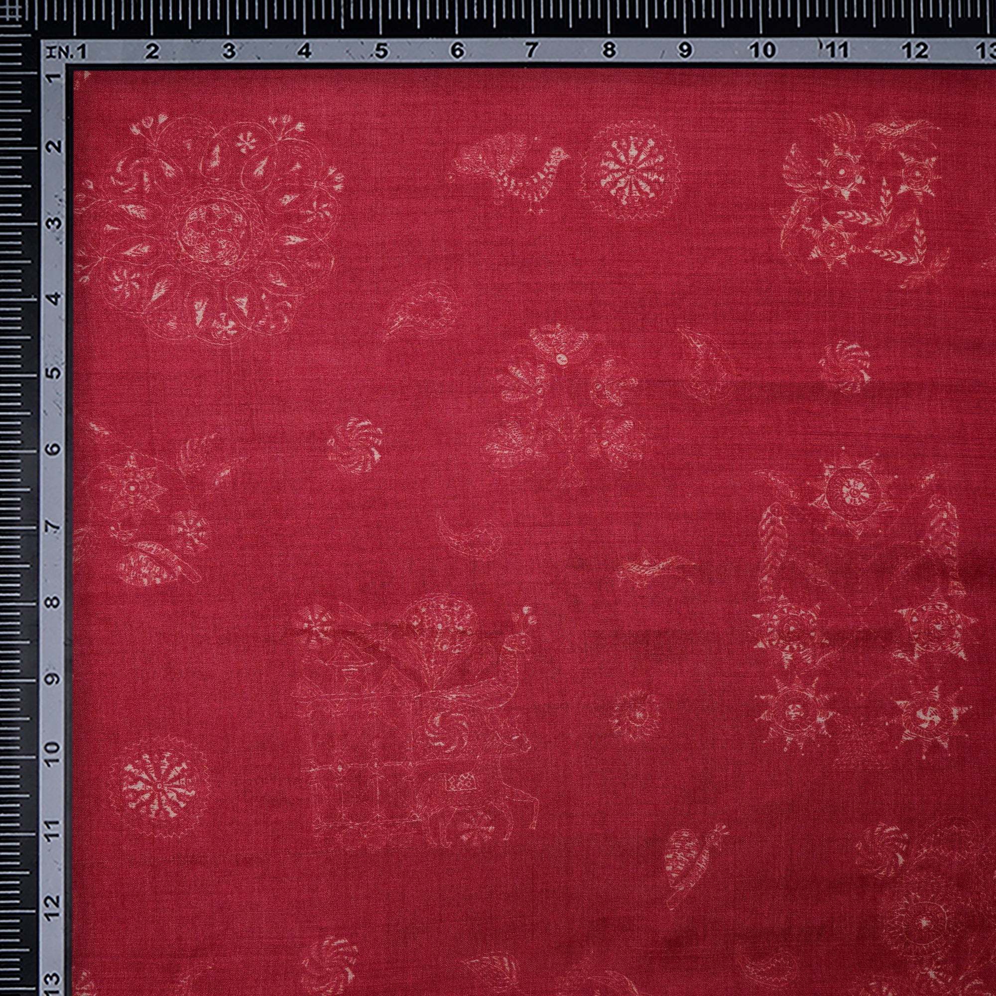 Maroon Animated Pattern Digital Printed Muga Silk Fabric