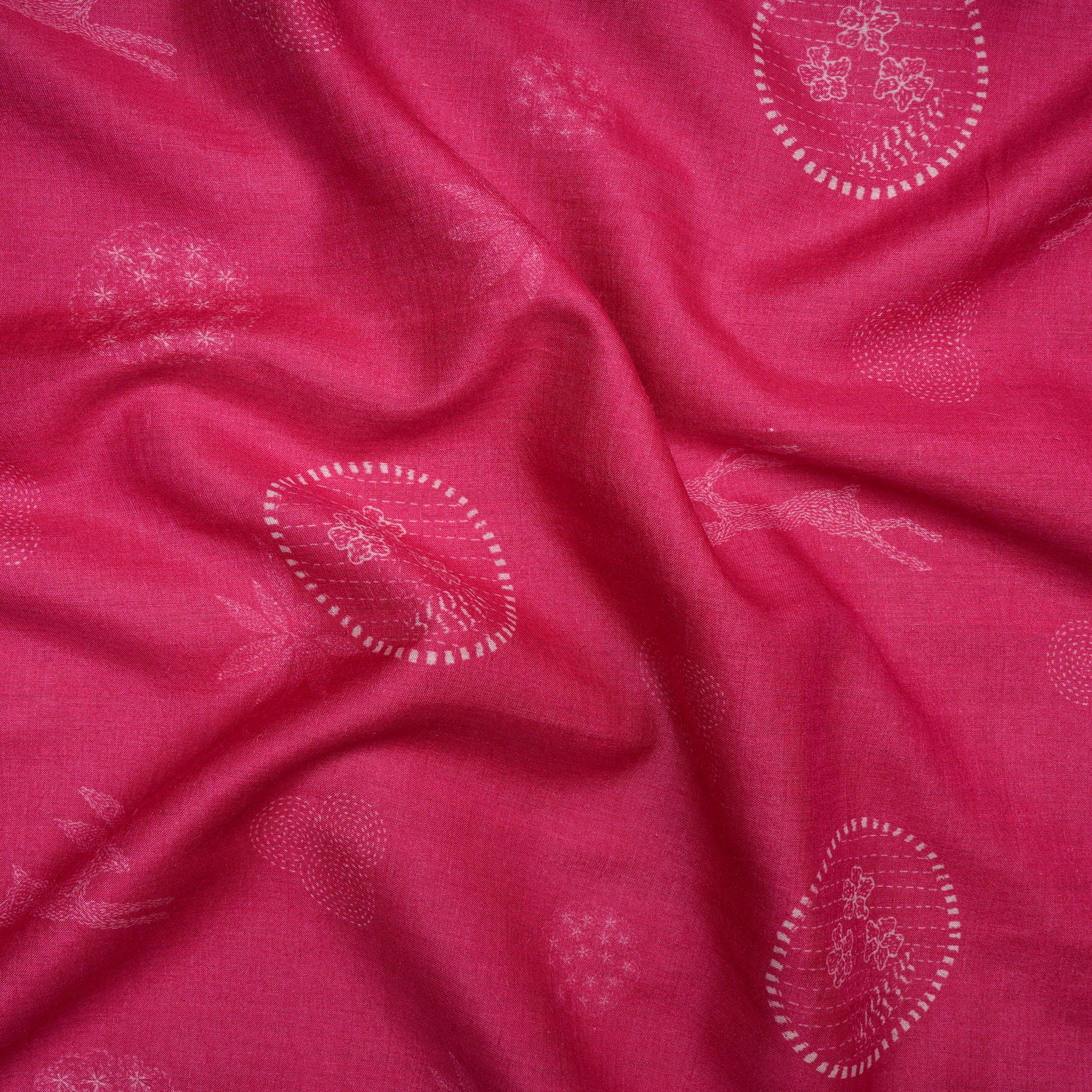 Rani Pink Animated Pattern Digital Printed Muga Silk Fabric