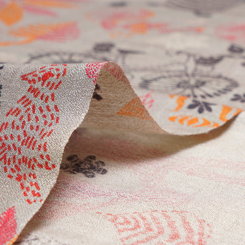 Grey Kantha Pattern Digital Printed linen Silk Jacquard Fabric