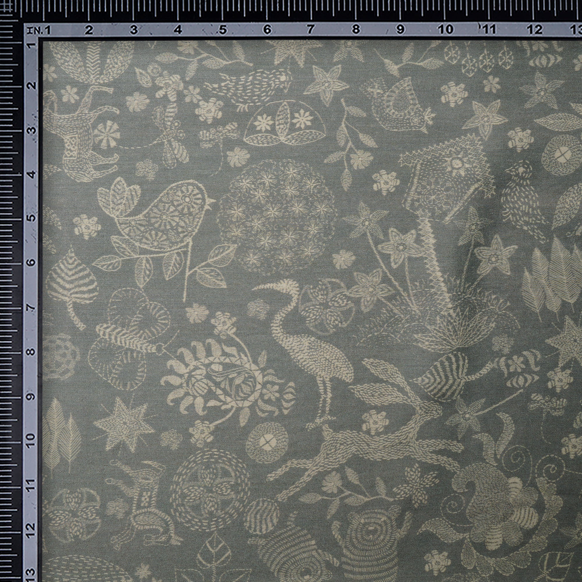 Light Asparagus Kantha Pattern Digital Printed Crepe Silk Fabric