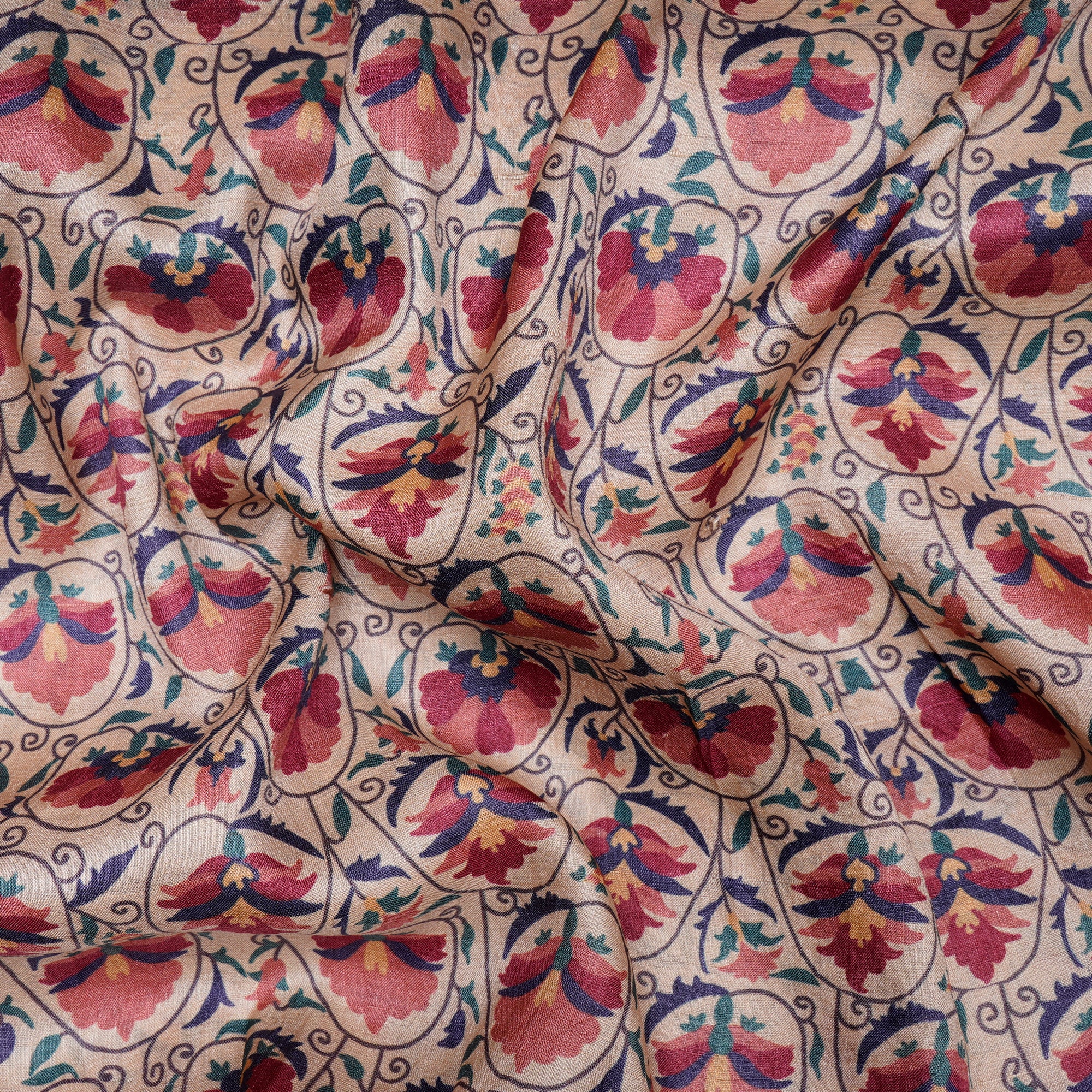 Beige-Maroon Floral Pattern Digital Printed Tusser Silk Fabric