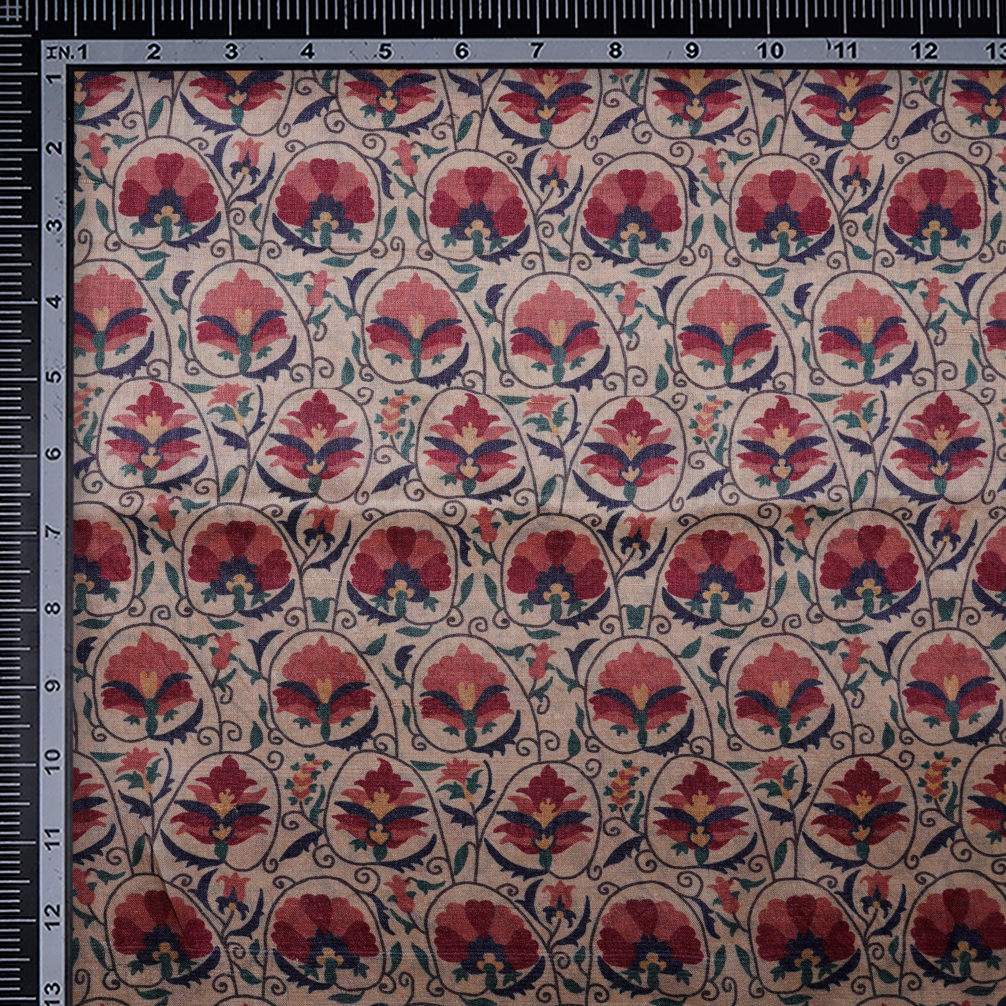 Beige-Maroon Floral Pattern Digital Printed Tusser Silk Fabric