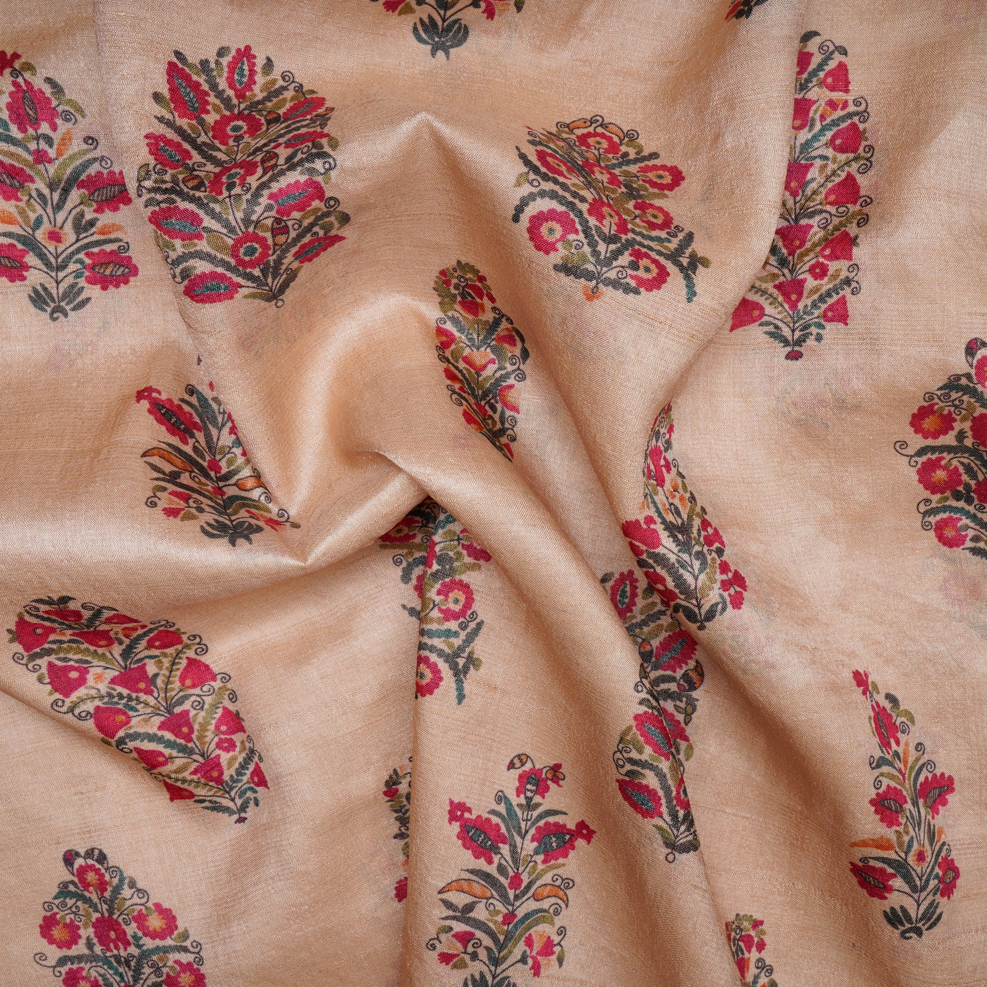 Cream Motif Pattern Digital Printed Tussar Silk Fabric