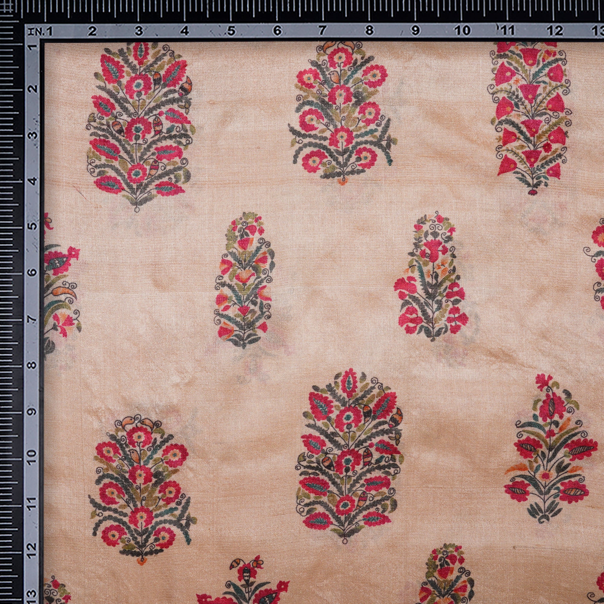 Cream Motif Pattern Digital Printed Tussar Silk Fabric