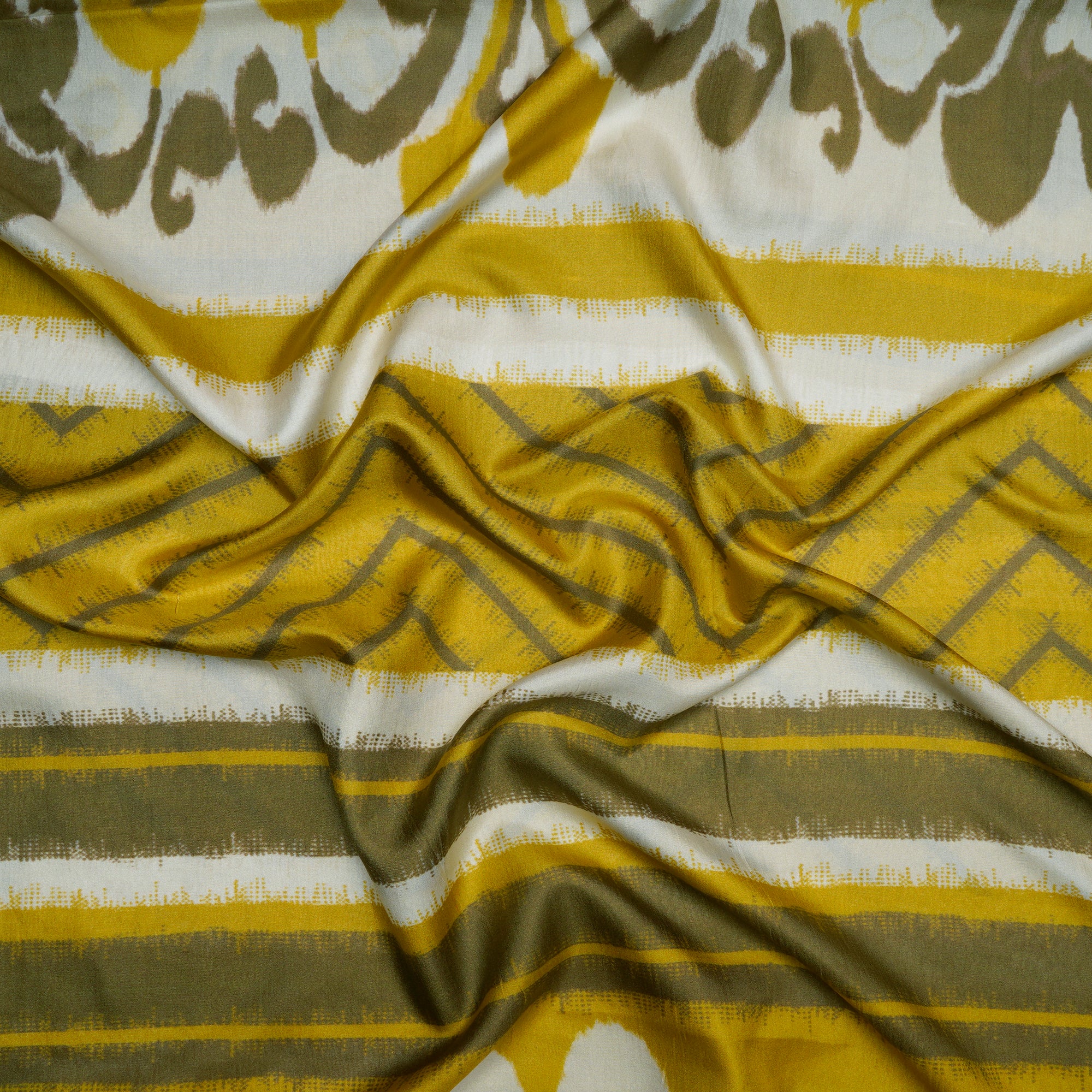 Off White-Yellow Floral Pattern Digital Print Pure Silk Fabric