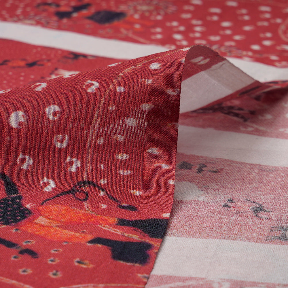 Red Color Digital Printed Pure Chanderi Lehenga Panel Fabric