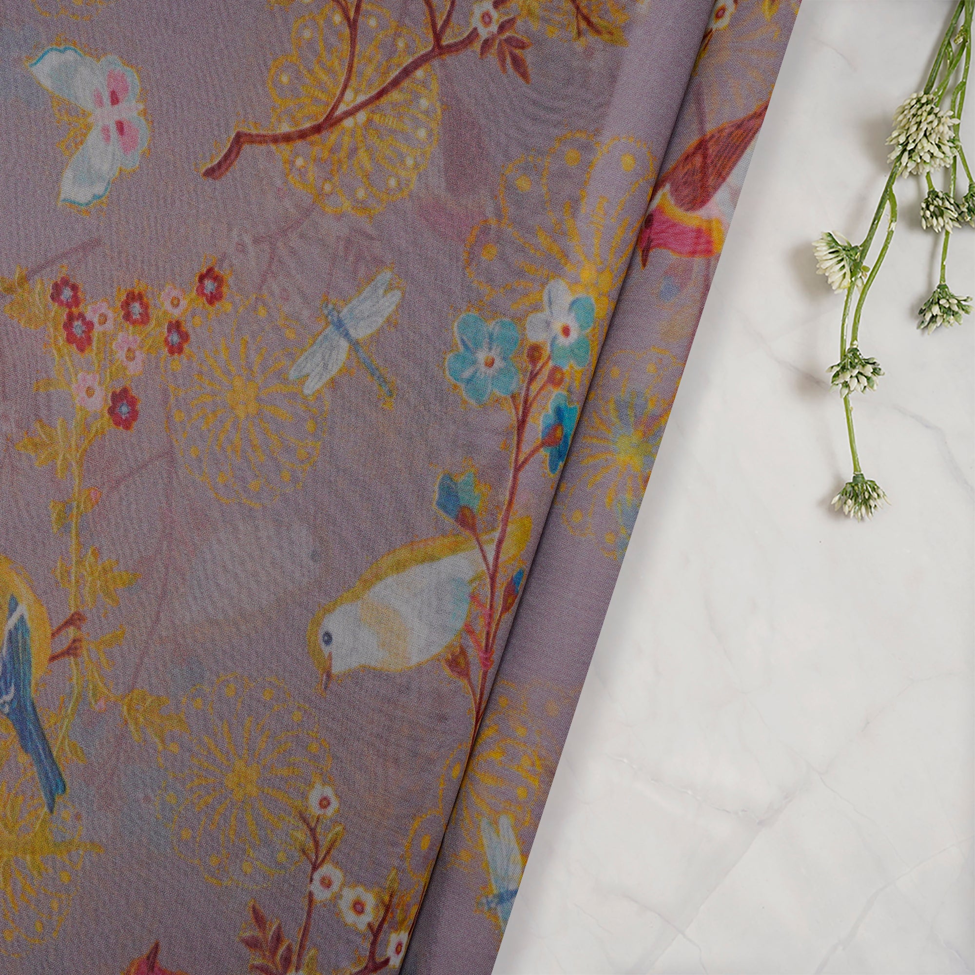 Multi Color Floral Pattern Digital Printed Bemberg Chiffon Fabric