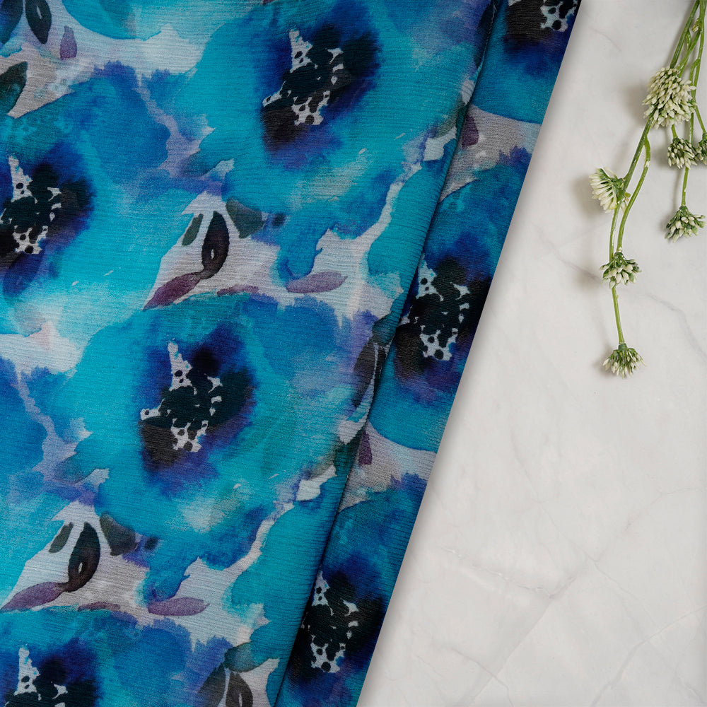 Blue Color Digital Printed Chiffon Silk Fabric