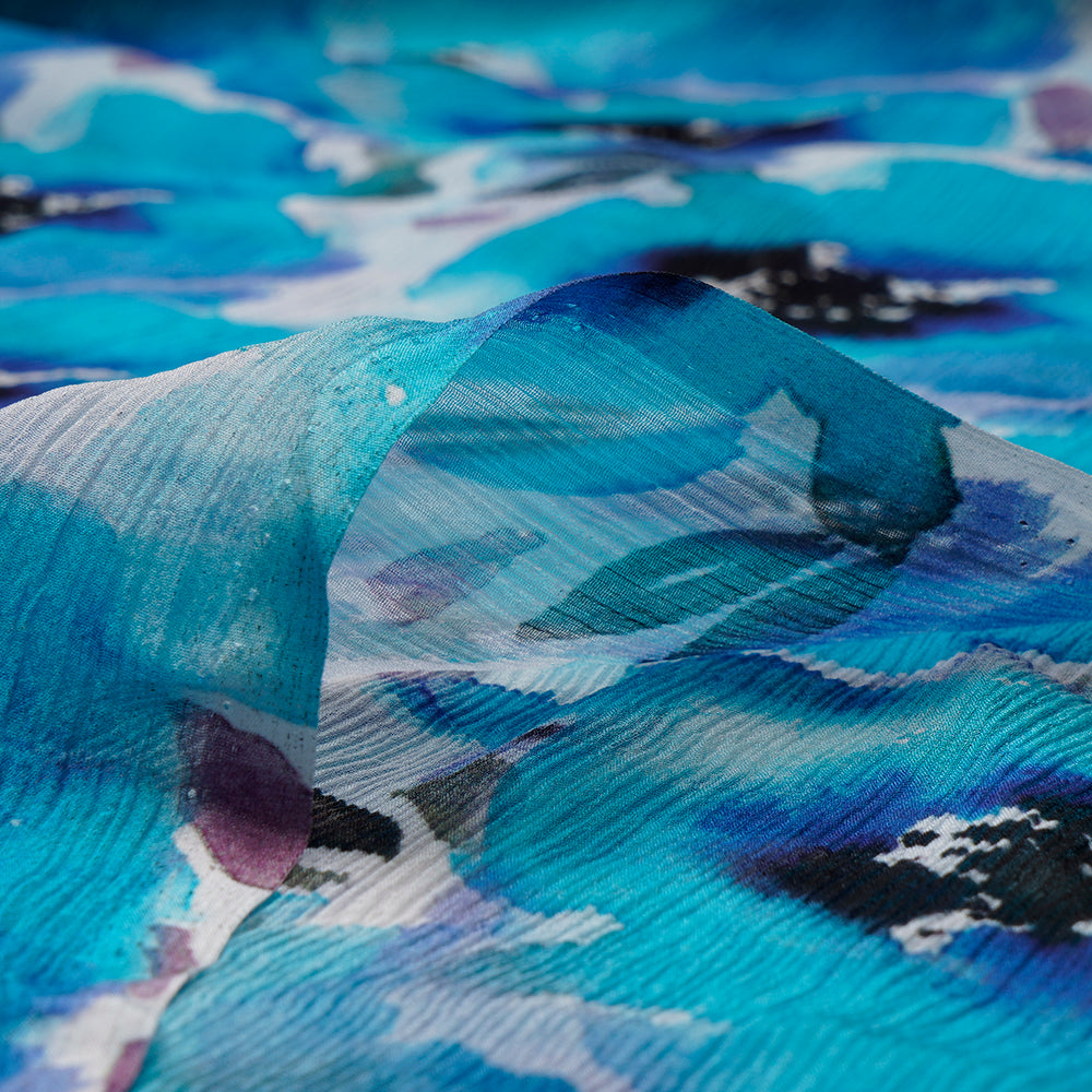 Blue Color Digital Printed Chiffon Silk Fabric