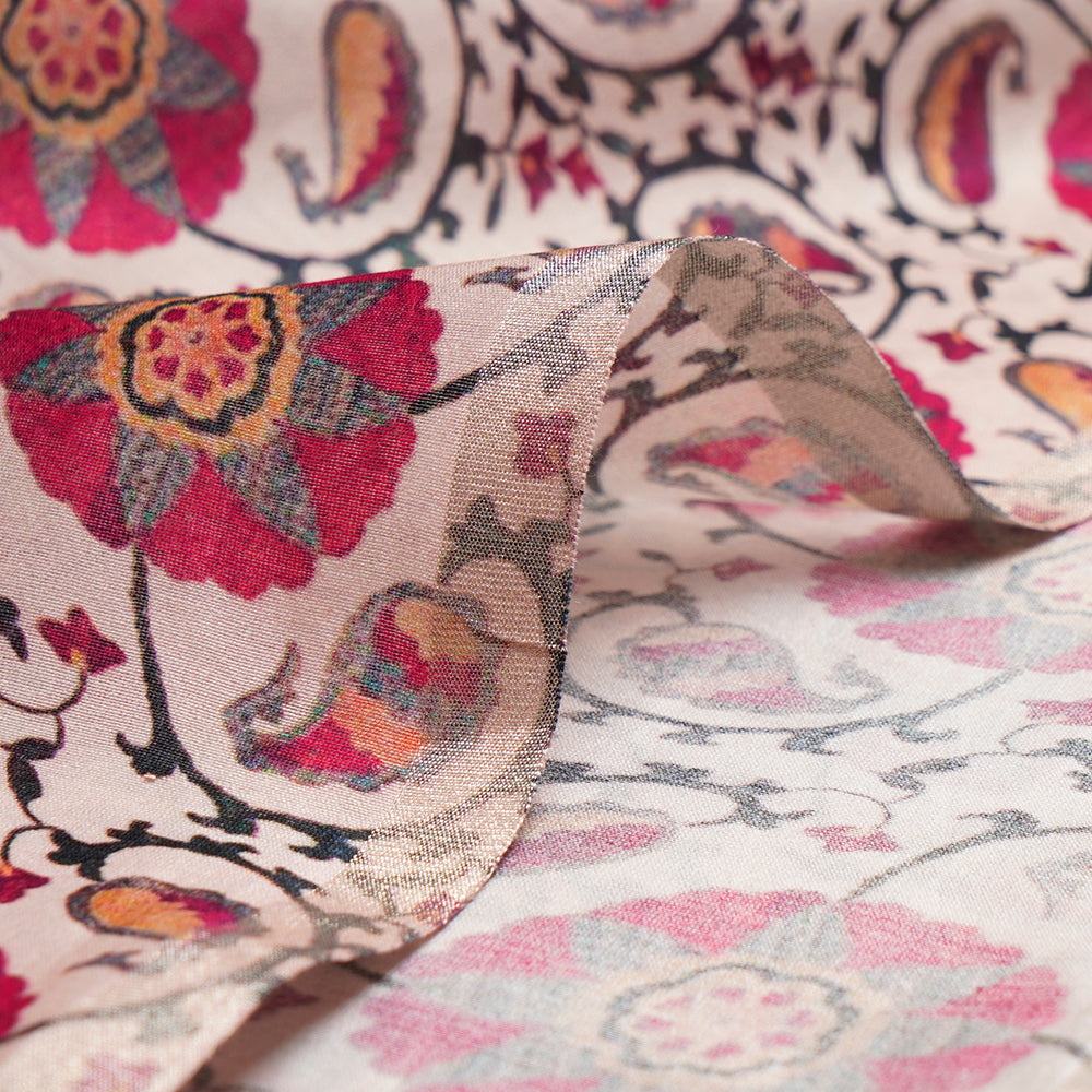 Beige-Pink Digital Printed Pure Chanderi Fabric