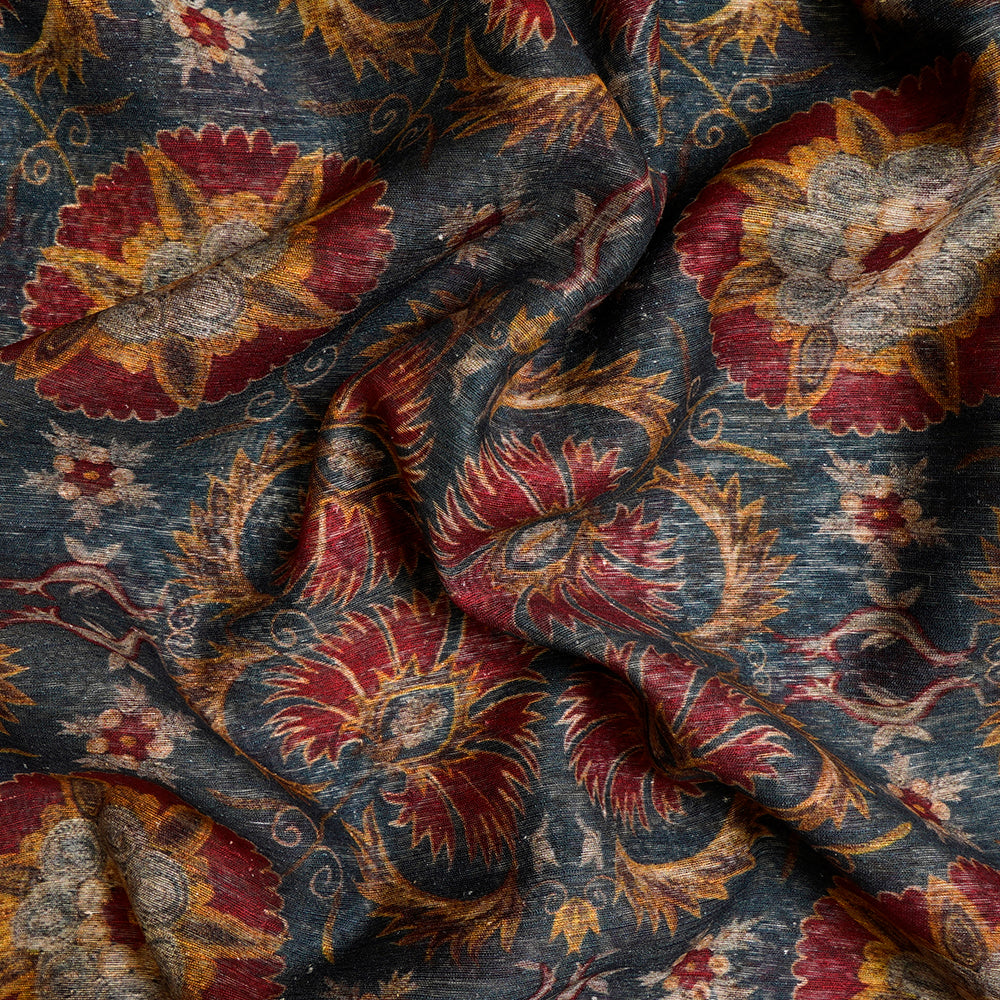 Dark Blue Floral Pattern Digital Printed Silk Fabric