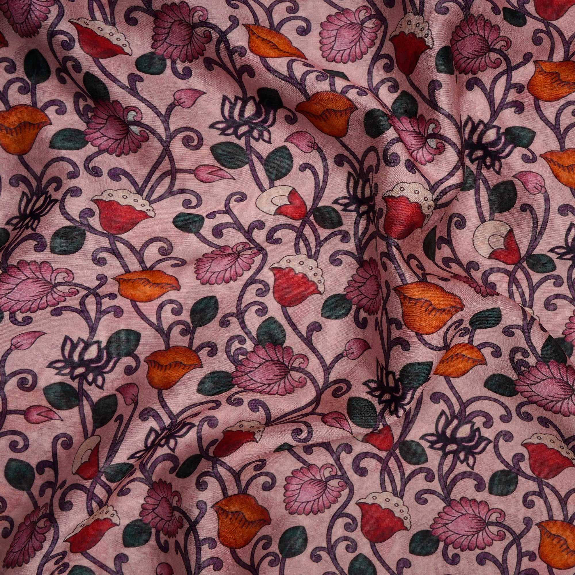 Blush Pink Kalamkari Pattern Digital Printed Pure Chanderi Fabric