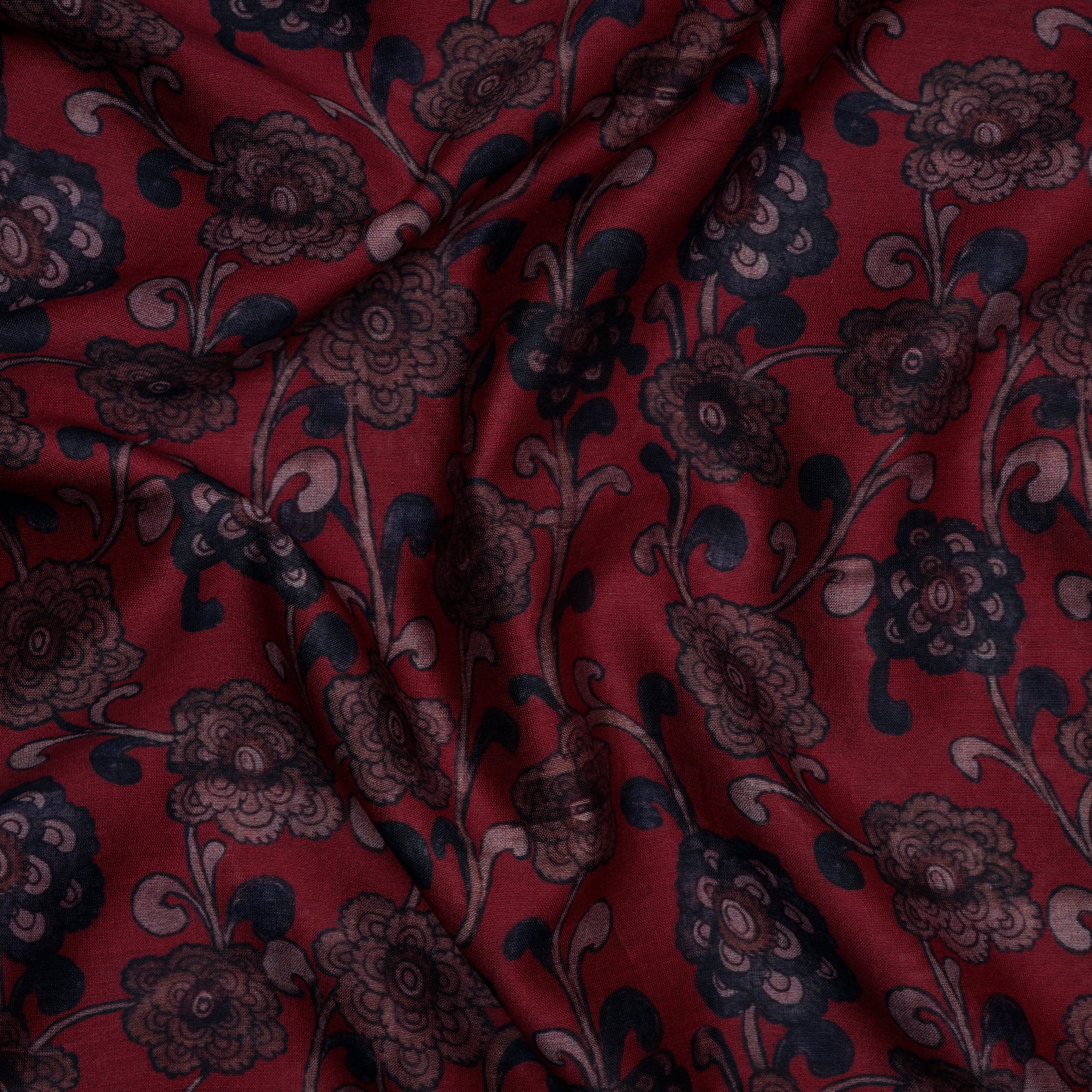 Ruby Red Kalamkari Pattern Digital Printed Pure Chanderi Fabric