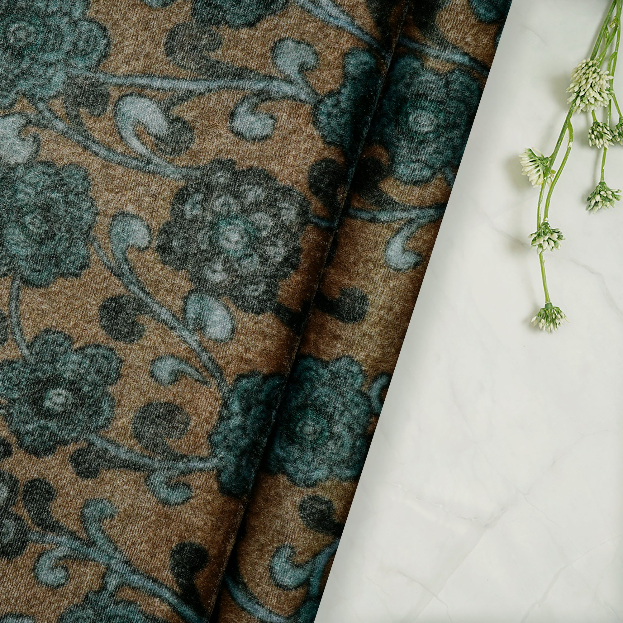 Light Brown-Green All Over Pattern Digital Printed Silk Velvet Fabric