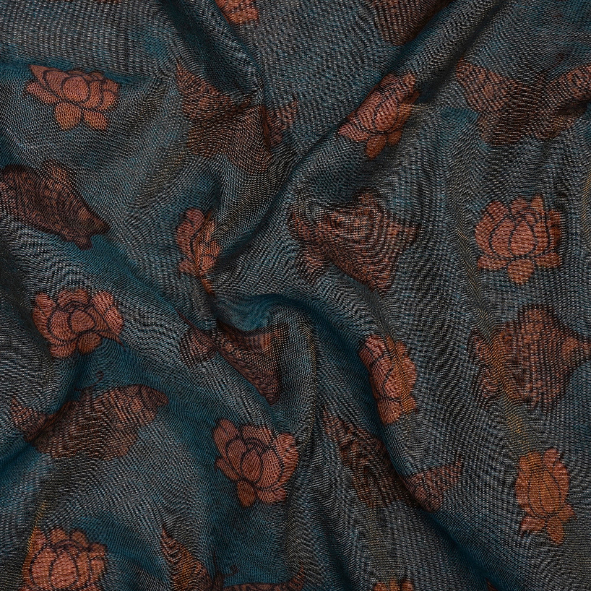 Turquoise Traditional Pattern Digital Printed Tissue Chanderi Fabric