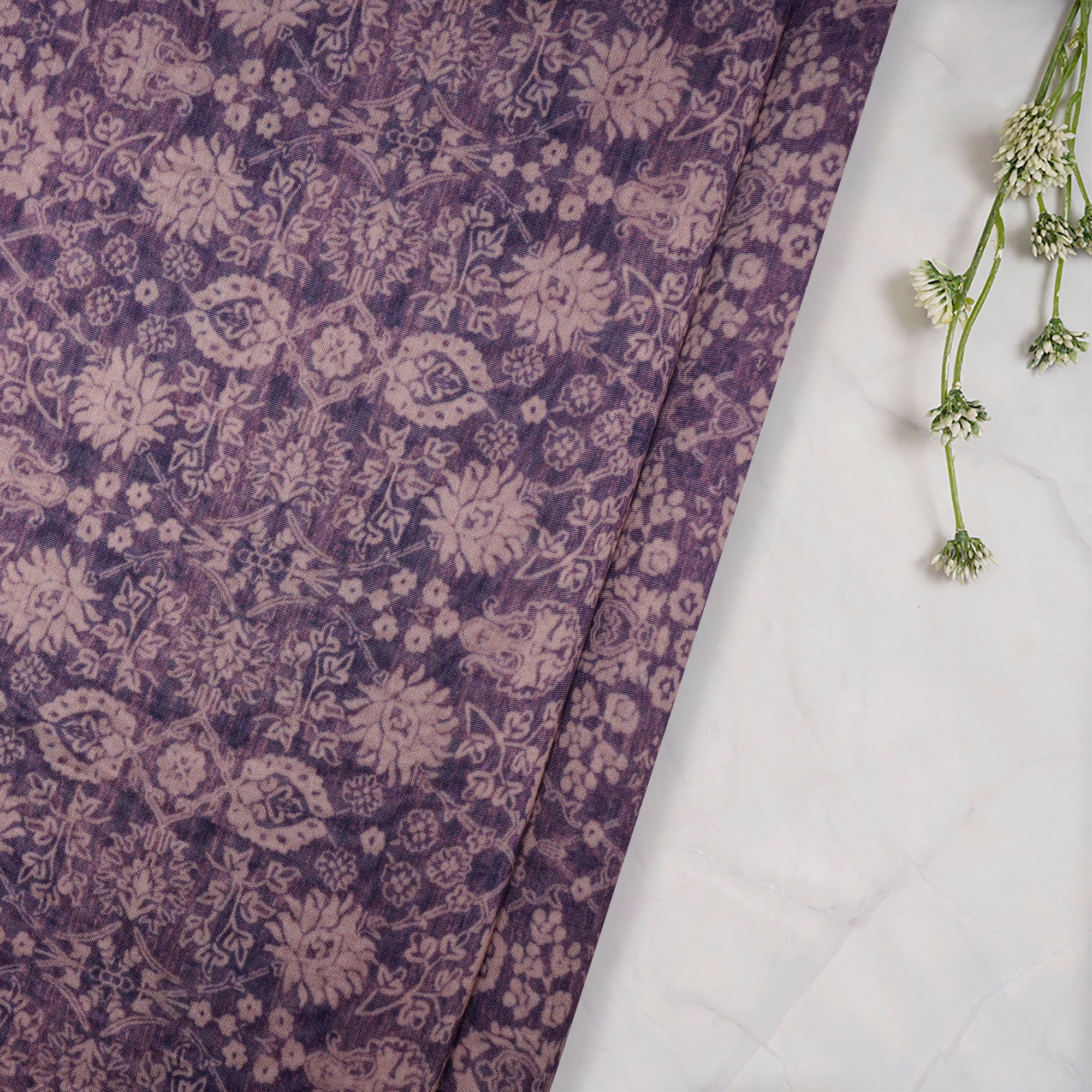 Chinese Violet Floral Pattern Digital Printed Chanderi Fabric