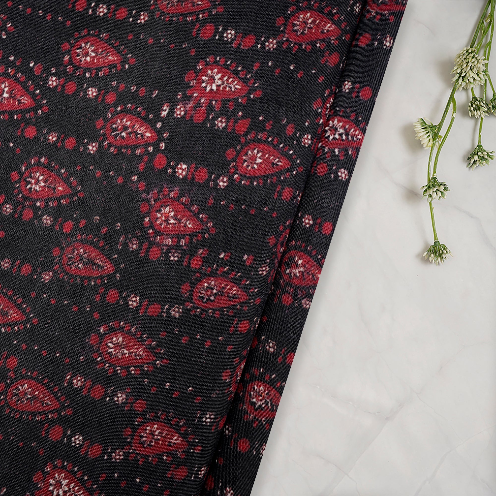 Black-Red All Over Pattern Digital Printed Bemberg Muslin Fabric