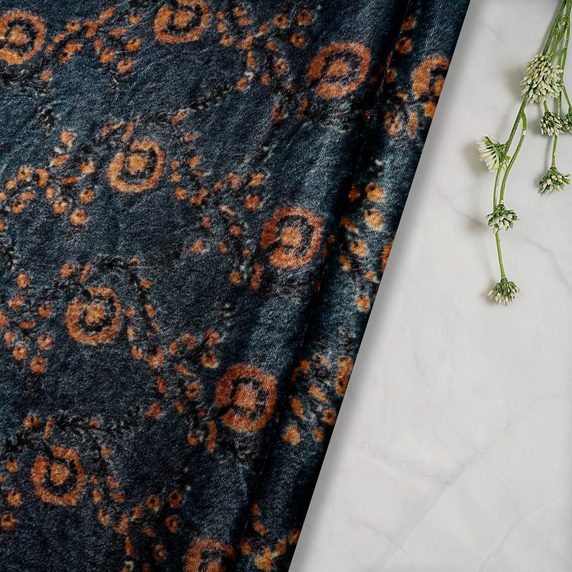 Blue-Yellow Floral Pattern Digital Printed Silk Velvet Fabric