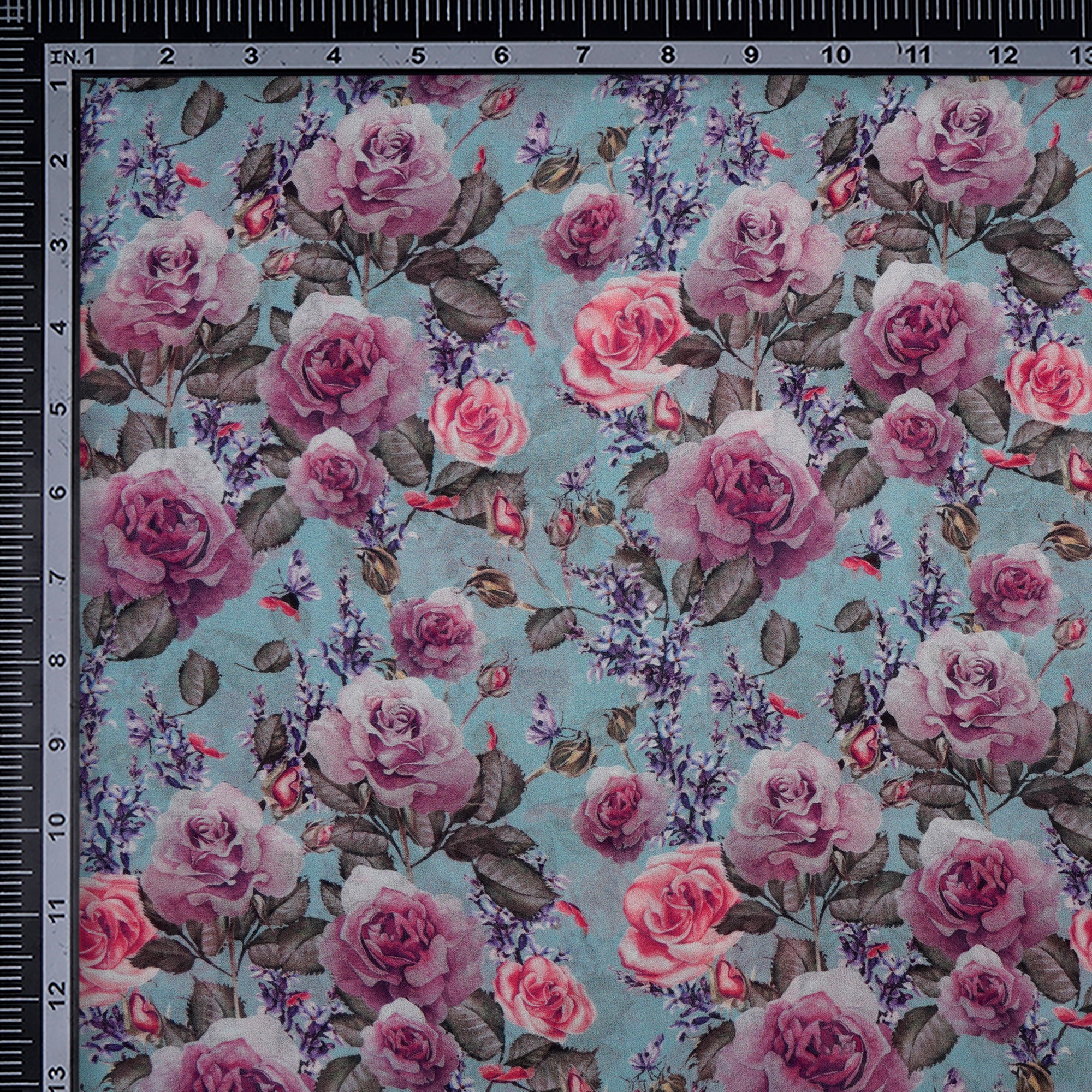 Ice Blue-Pink Floral Pattern Digital Printed Silk Georgette Fabric