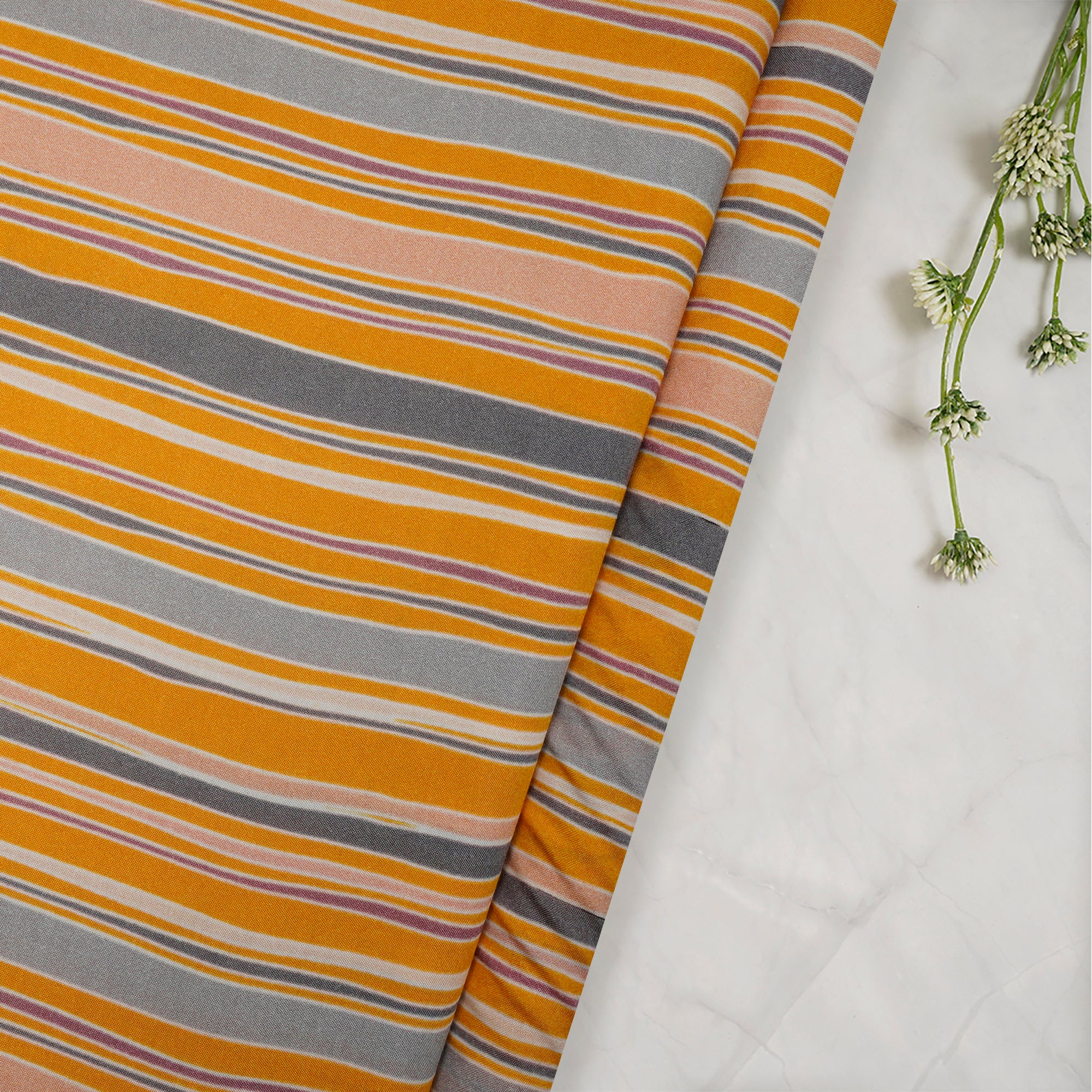 Yellow Stripe Pattern Digital Printed Bemberg Muslin Fabric