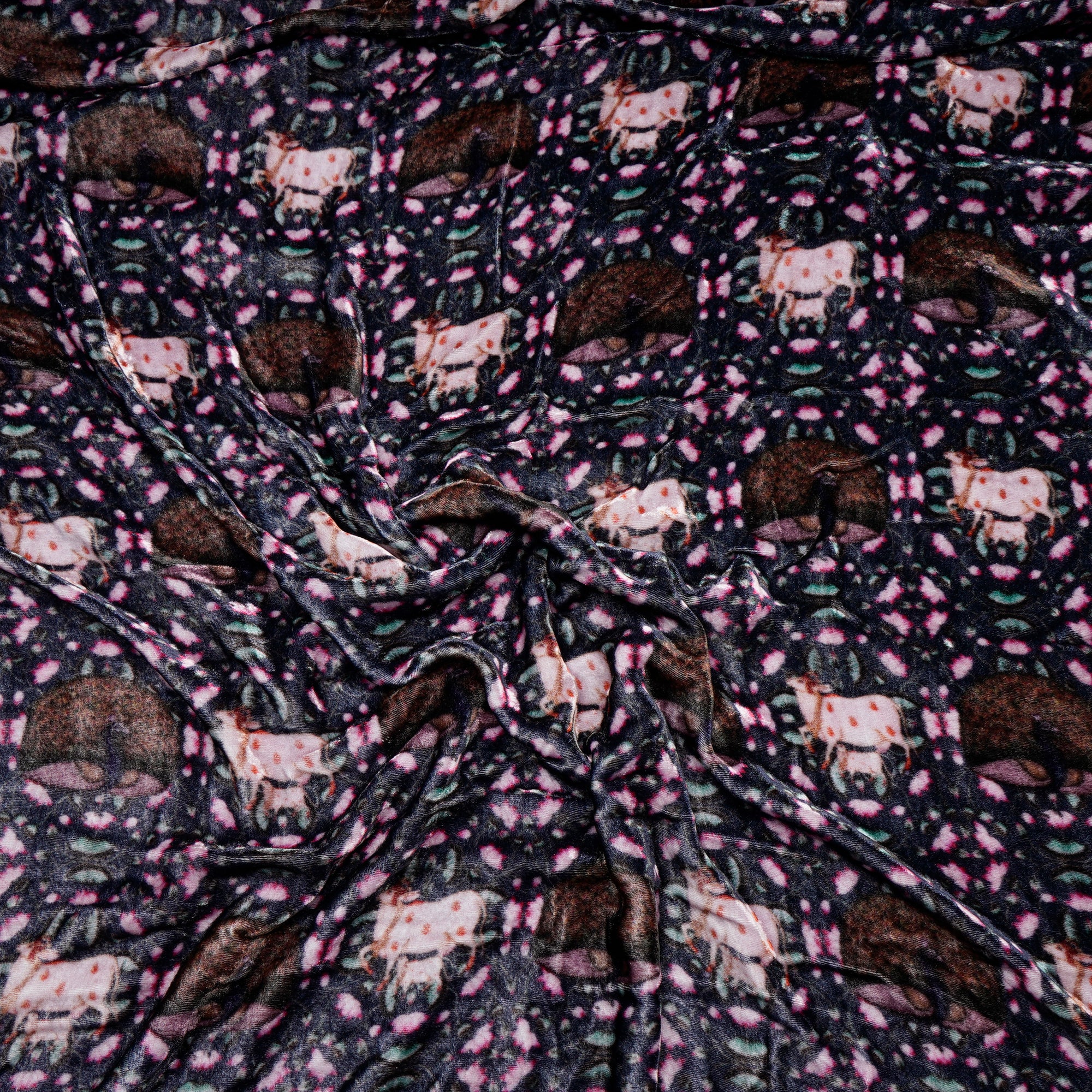Deep Blue-Pink Floral Pattern Digital Printed Silk Velvet Fabric