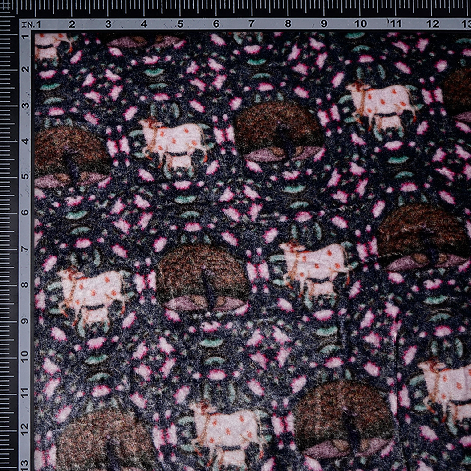 Deep Blue-Pink Floral Pattern Digital Printed Silk Velvet Fabric