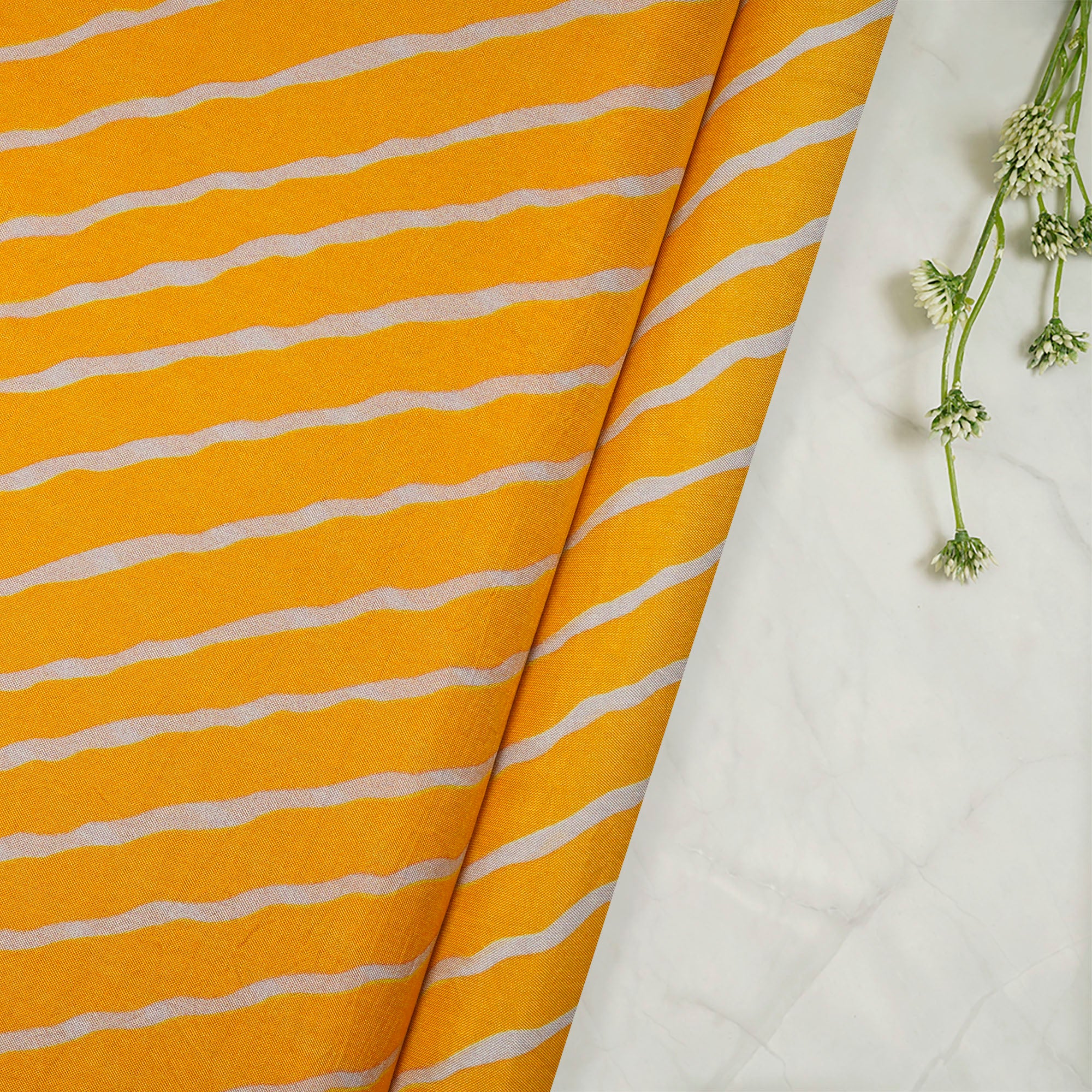 Off White-Yellow Lehariya Pattern Digital Print Pure Silk Fabric
