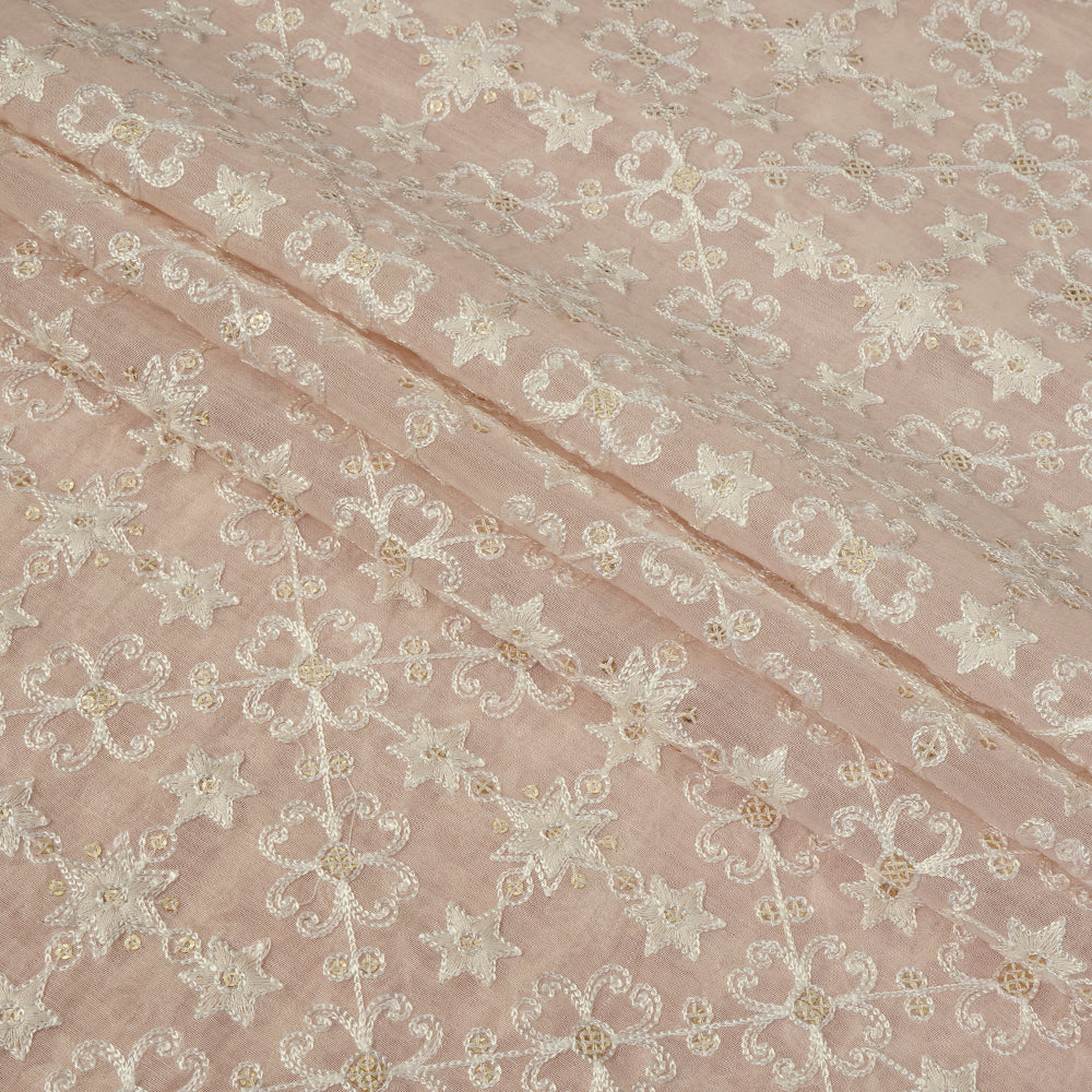 Peach Puff Color Embroidered Pure Chanderi Fabric