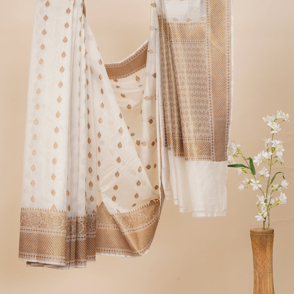 Off-White-Golden Color Handwoven Jacquard Cotton Silk Saree with Blouse Piece