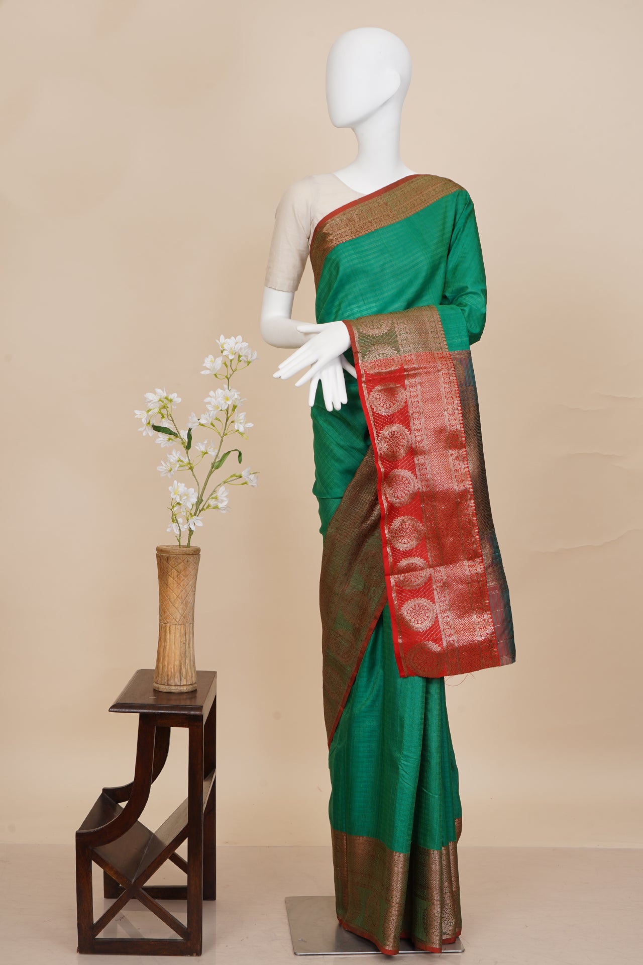 Green-Golden Color Handwoven Zari Bordered Tussar Silk Saree with Blouse Piece