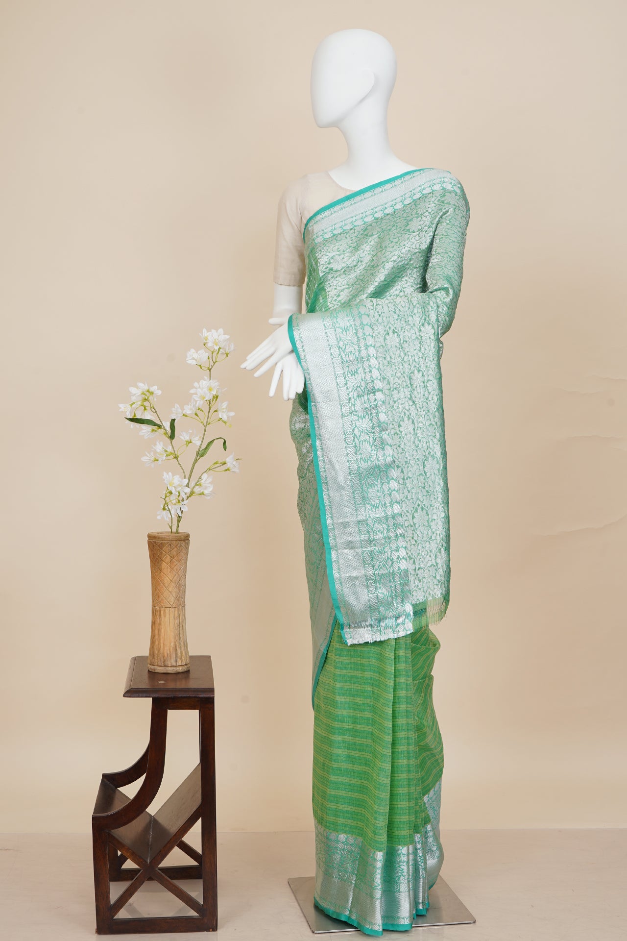 Green Color Handwoven Striped Chanderi Saree with Blouse Piece