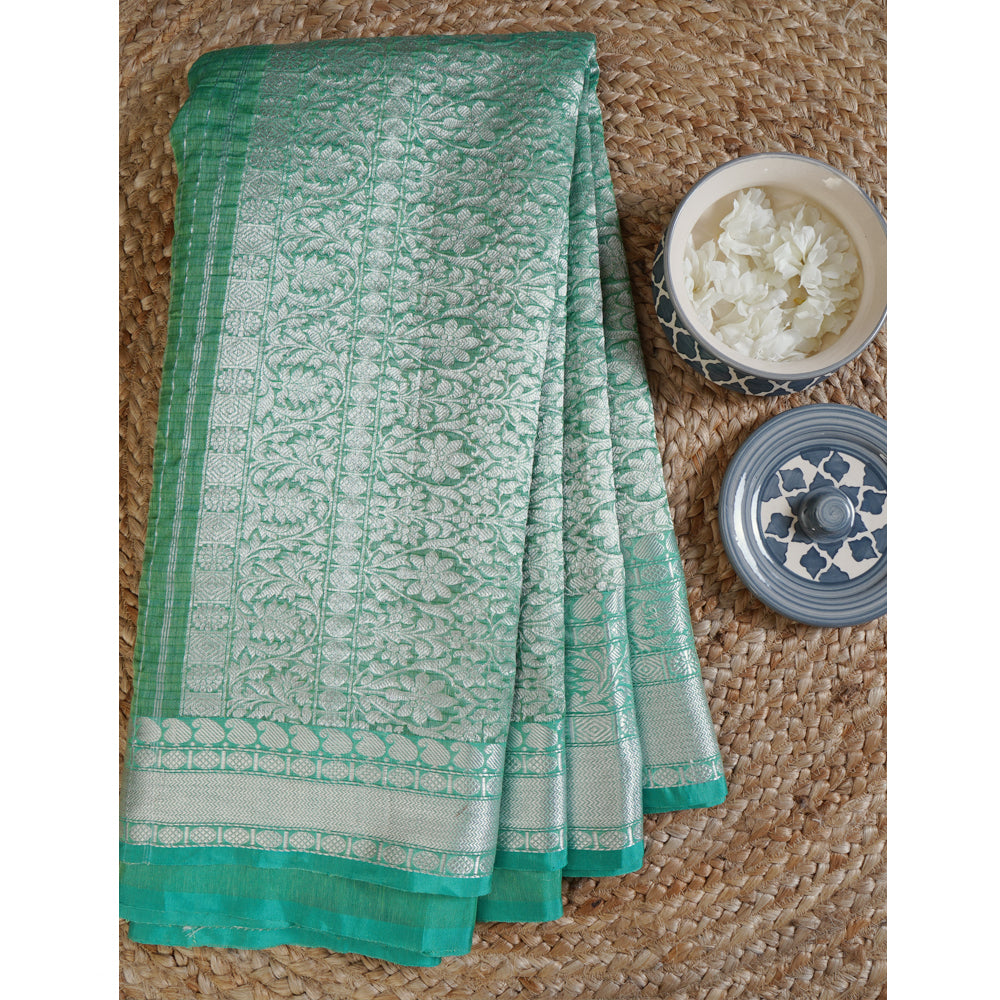 Green Color Handwoven Striped Chanderi Saree with Blouse Piece