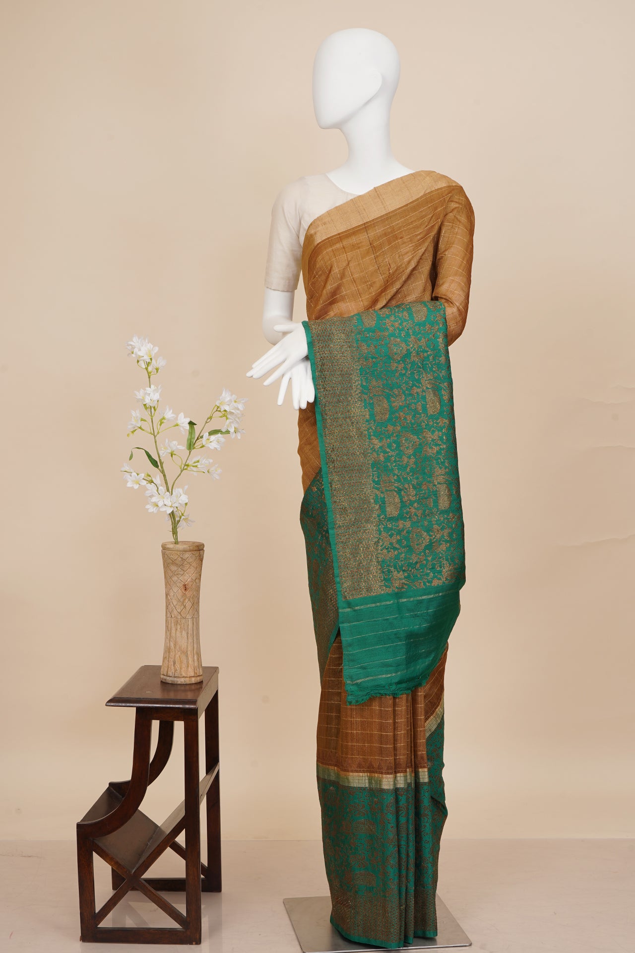 Brown-Green Color Handwoven Zari Bordered Silk Saree with Blouse Piece