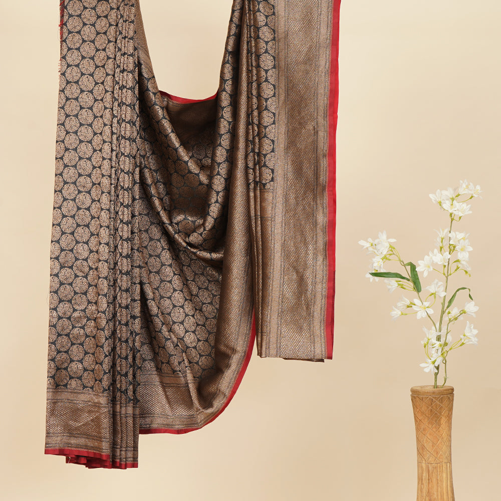 Black-Golden Handwoven Brocade Silk Saree with Blouse Piece