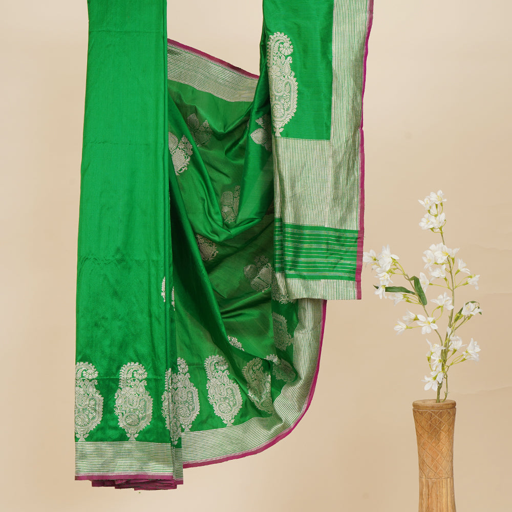 Green Color Handwoven Banarasi Katan Silk Saree with Blouse Piece