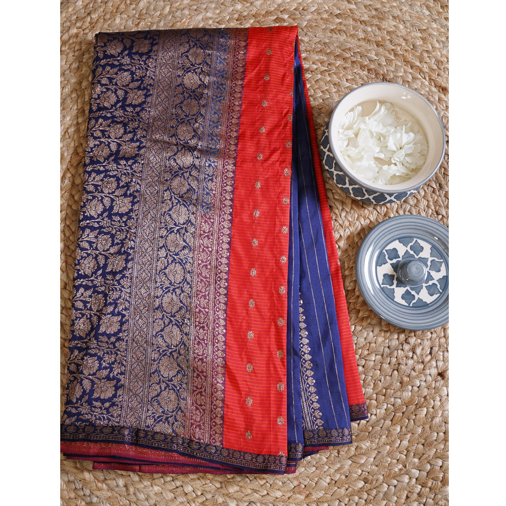 Red-Navy Color Handwoven Pure Silk Banarasi Saree With Blouse Piece
