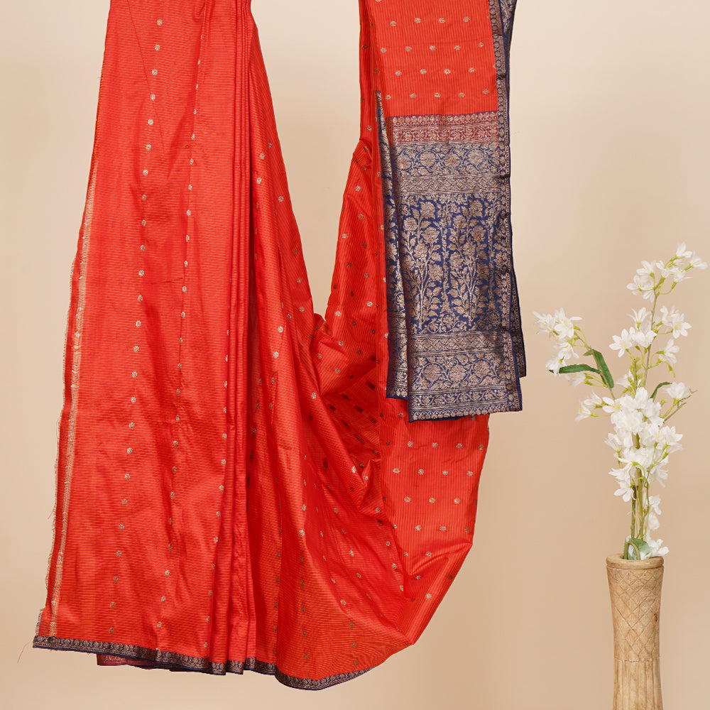 Red-Navy Color Handwoven Pure Silk Banarasi Saree With Blouse Piece