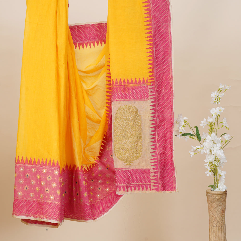 Yellow-Pink Color Handwoven Pure Silk Saree with Blouse Piece