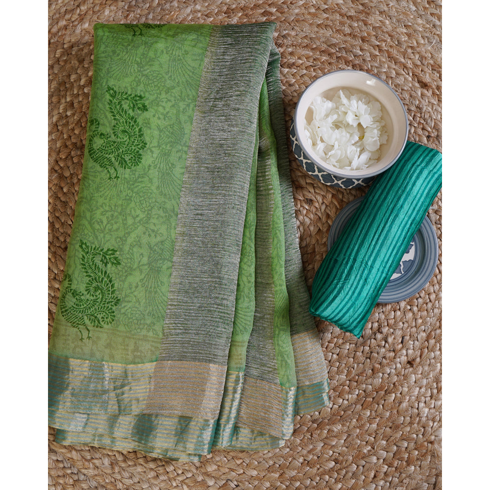 Green Color Printed Handwoven Zari Bordered Crushed Silk Saree With Blouse Piece