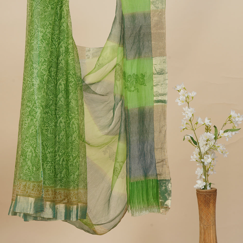 Green Color Printed Handwoven Zari Bordered Crushed Silk Saree With Blouse Piece