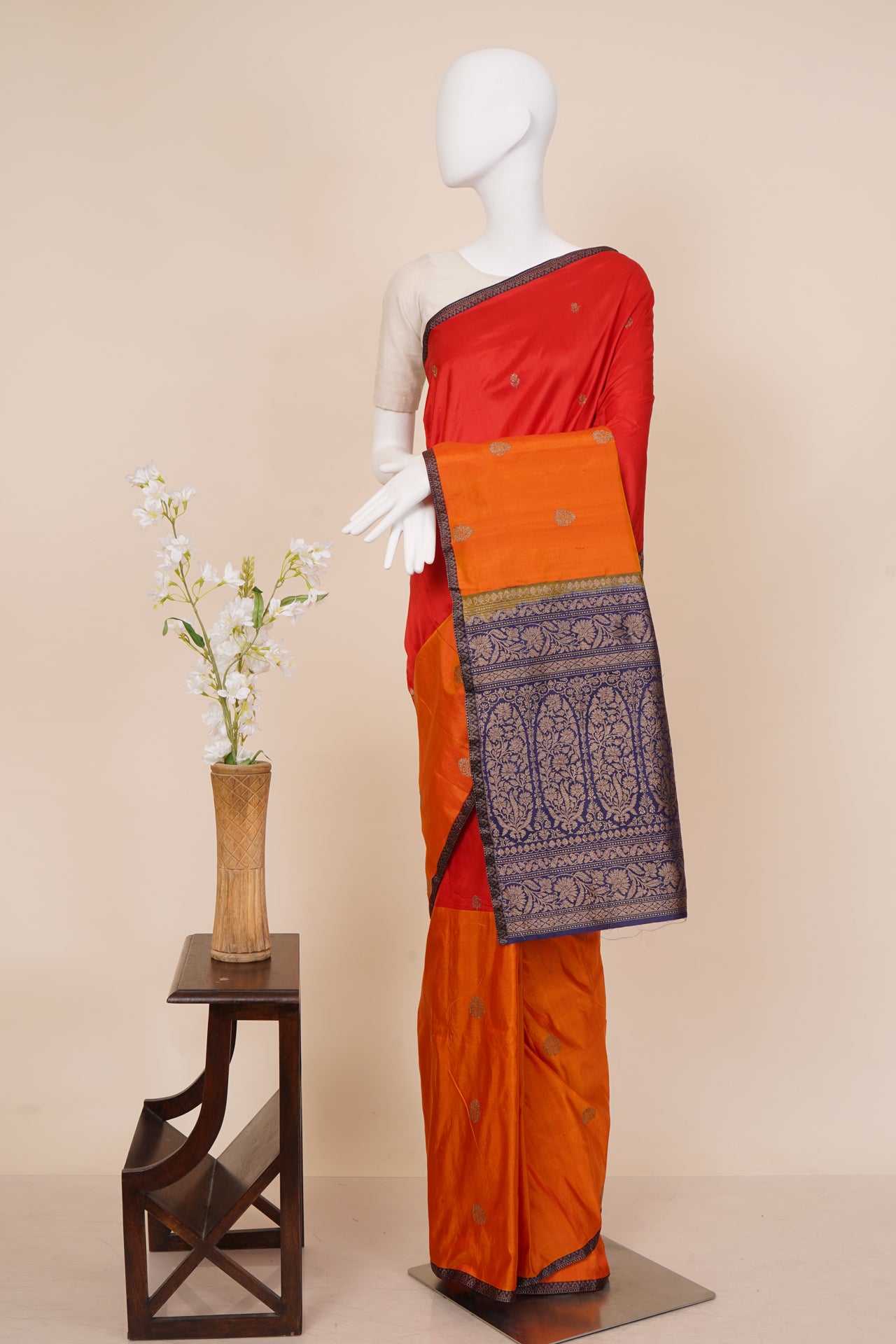 Red-Mustard Color Handwoven Pure Silk Banarasi Saree With Blouse Piece