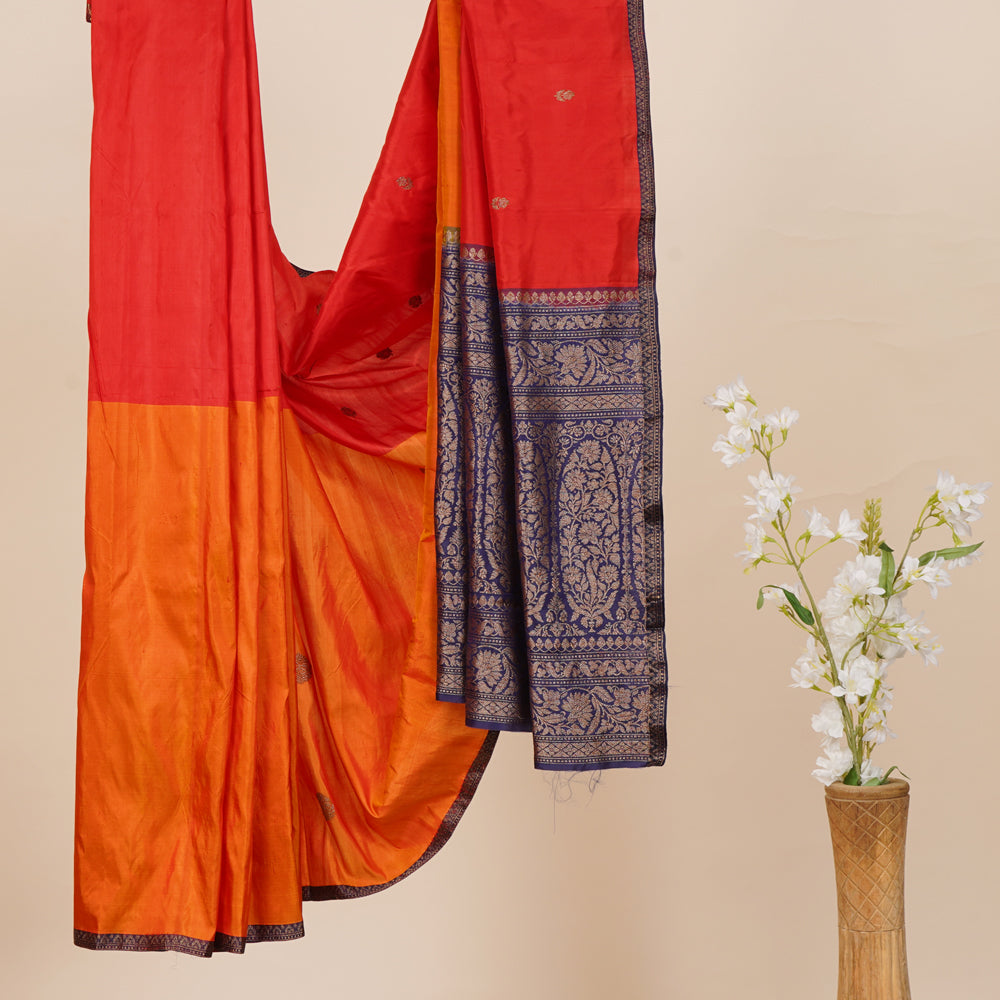Red-Mustard Color Handwoven Pure Silk Banarasi Saree With Blouse Piece
